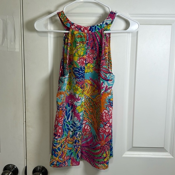Lilly Pulitzer silk halter floral tank blouse size medium pink blue top tropical - Picture 3 of 5